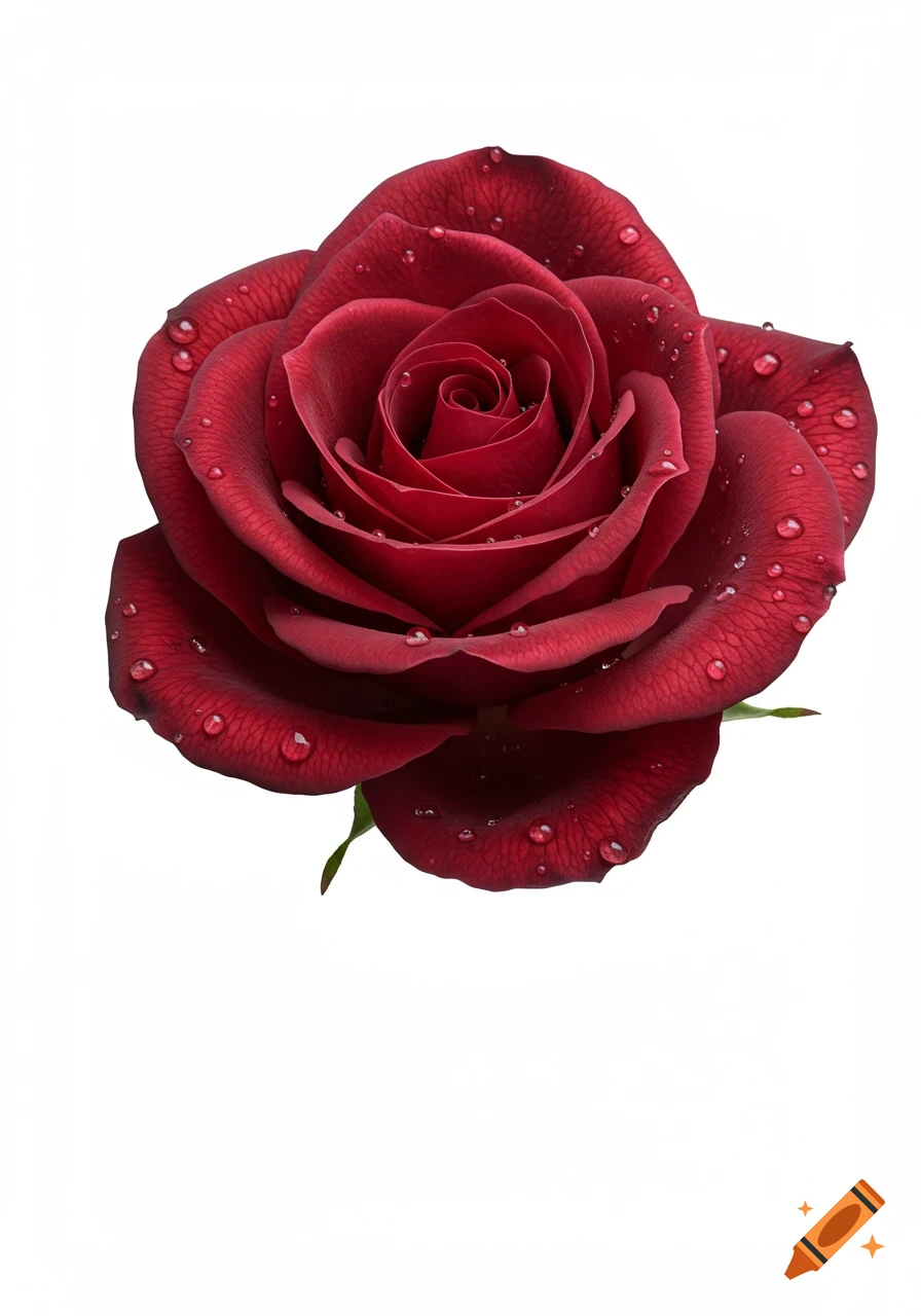 A photorealistic red rose with water droplets on a white background.