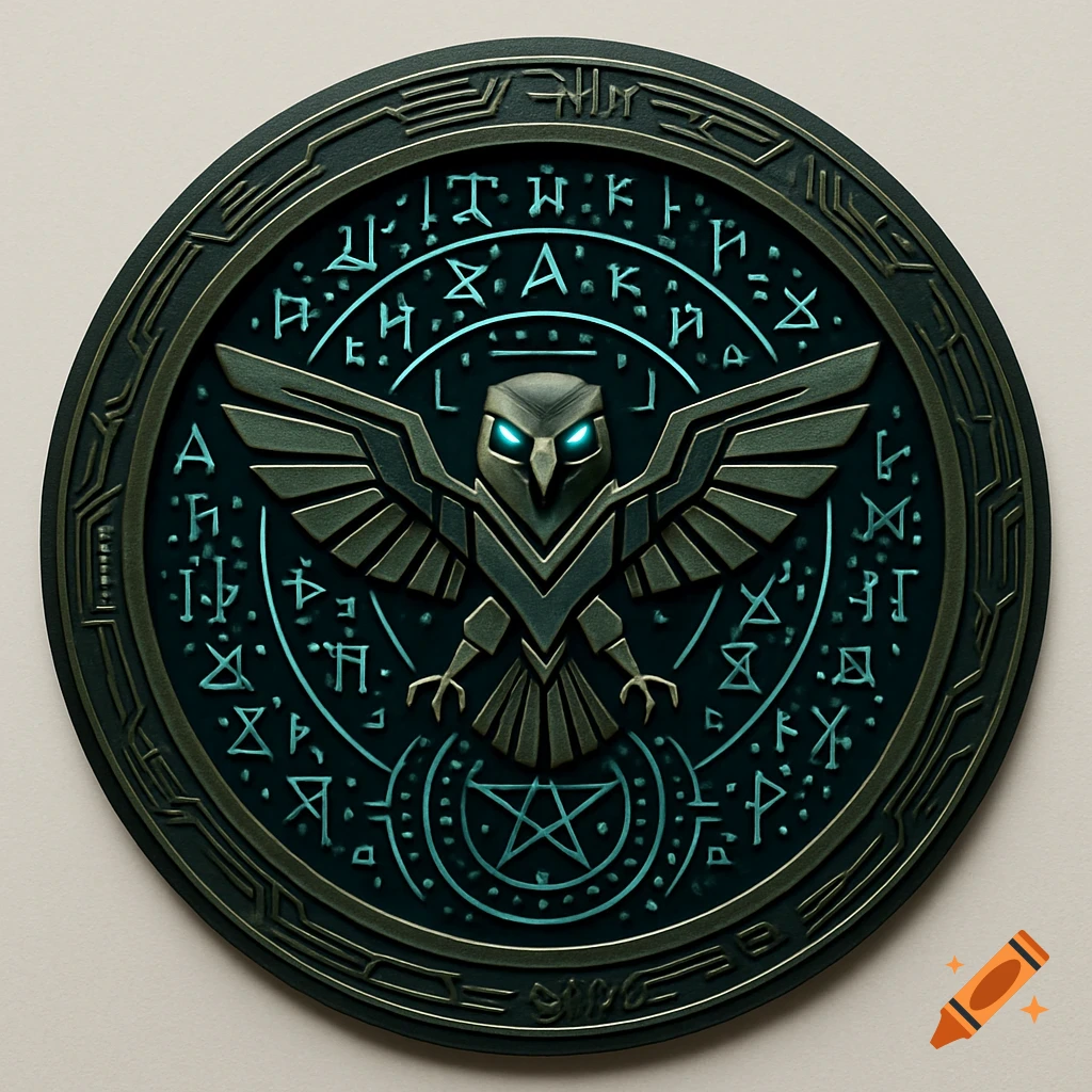 A circular dark green and metallic emblem features a stylized, cybernetic owl with glowing blue eyes, surrounded by glowing neon blue mystical symbols and circuit patterns.