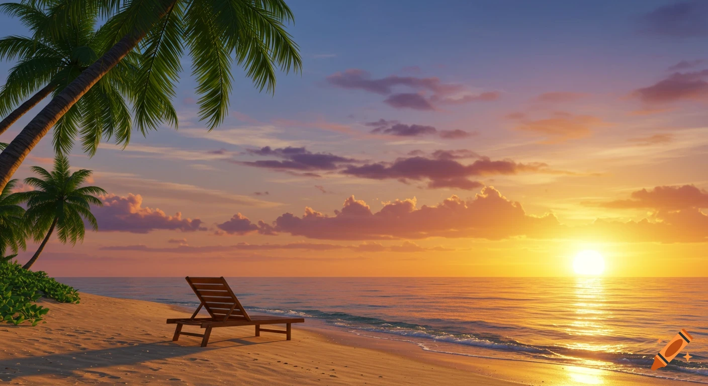 Photorealistic tropical beach at sunset with a wooden beach chair, palm trees, and a golden sun setting over the ocean.