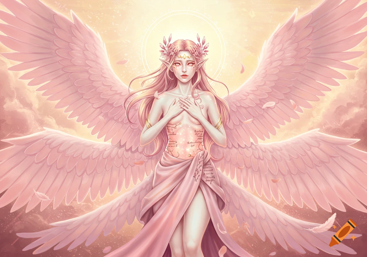 An ethereal angelic woman with large pink wings and long light pink hair stands against a glowing background, her hands covering her chest.