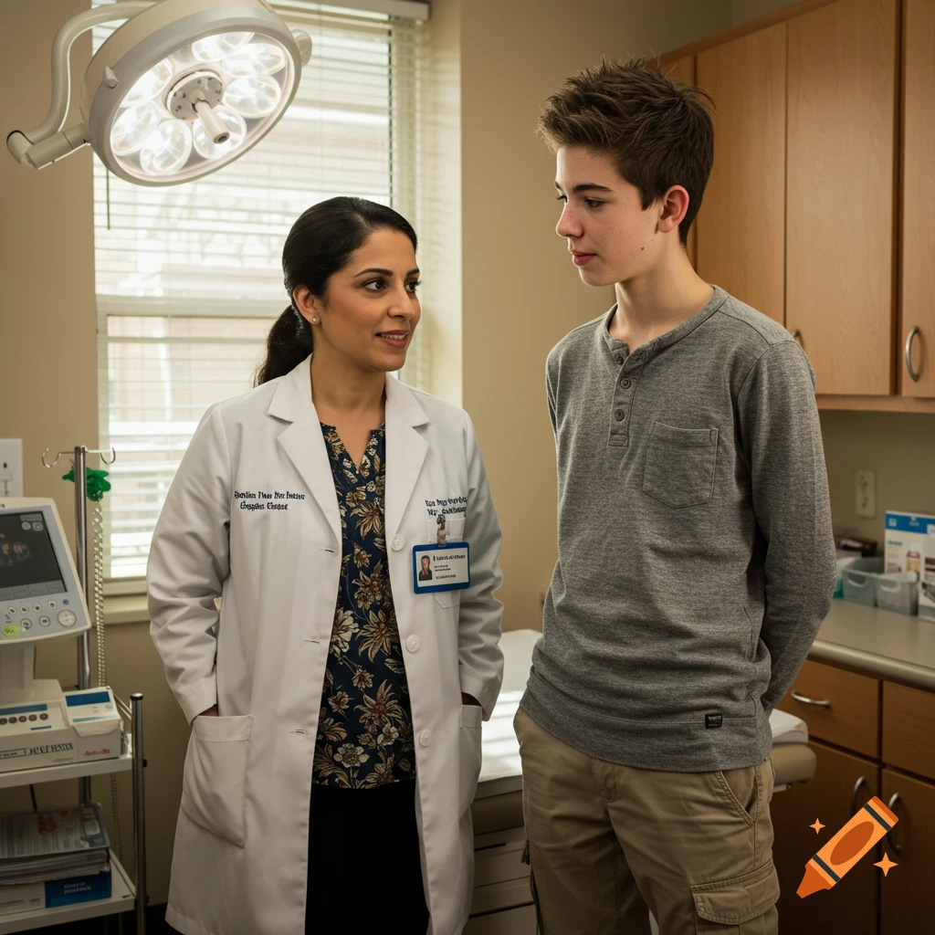 Photorealistic image of a female doctor in a white lab coat talking to a male teenager in an examination room.