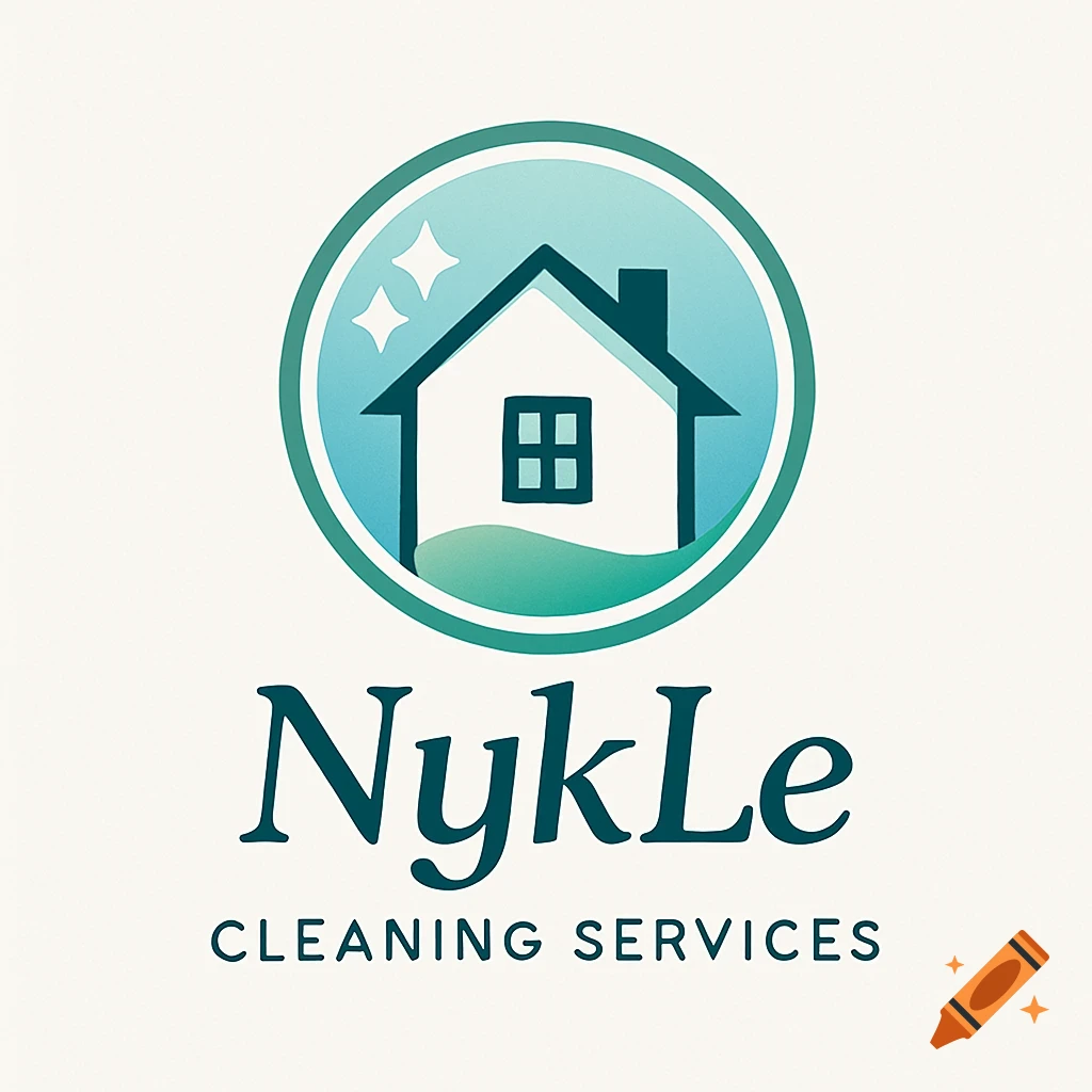 Logo for NykLe Cleaning Services featuring a house in a teal and blue circle with sparkles.