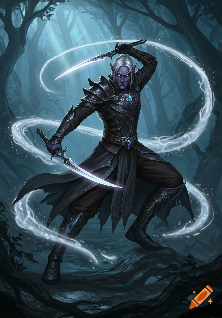 A dark elf warrior with white hair and purple skin in black armor wields two glowing swords amidst swirling magic in a mystical forest.