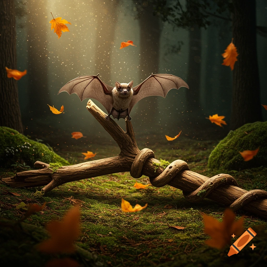 A photorealistic bat perched on a twisted branch in a forest with falling autumn leaves and glowing dust motes.