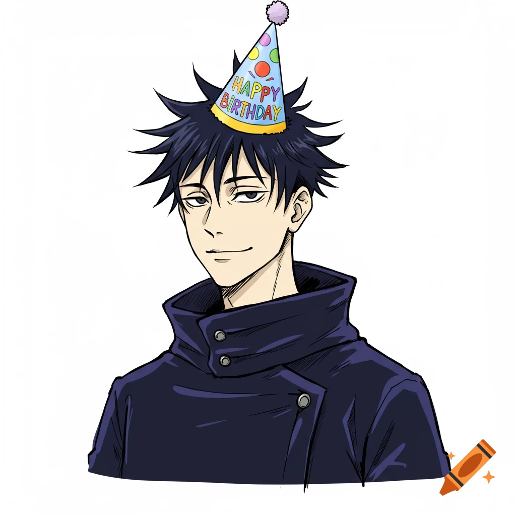 Anime style drawing of Megumi Fushiguro from Jujutsu Kaisen wearing a colorful Happy Birthday hat and smirking slightly.