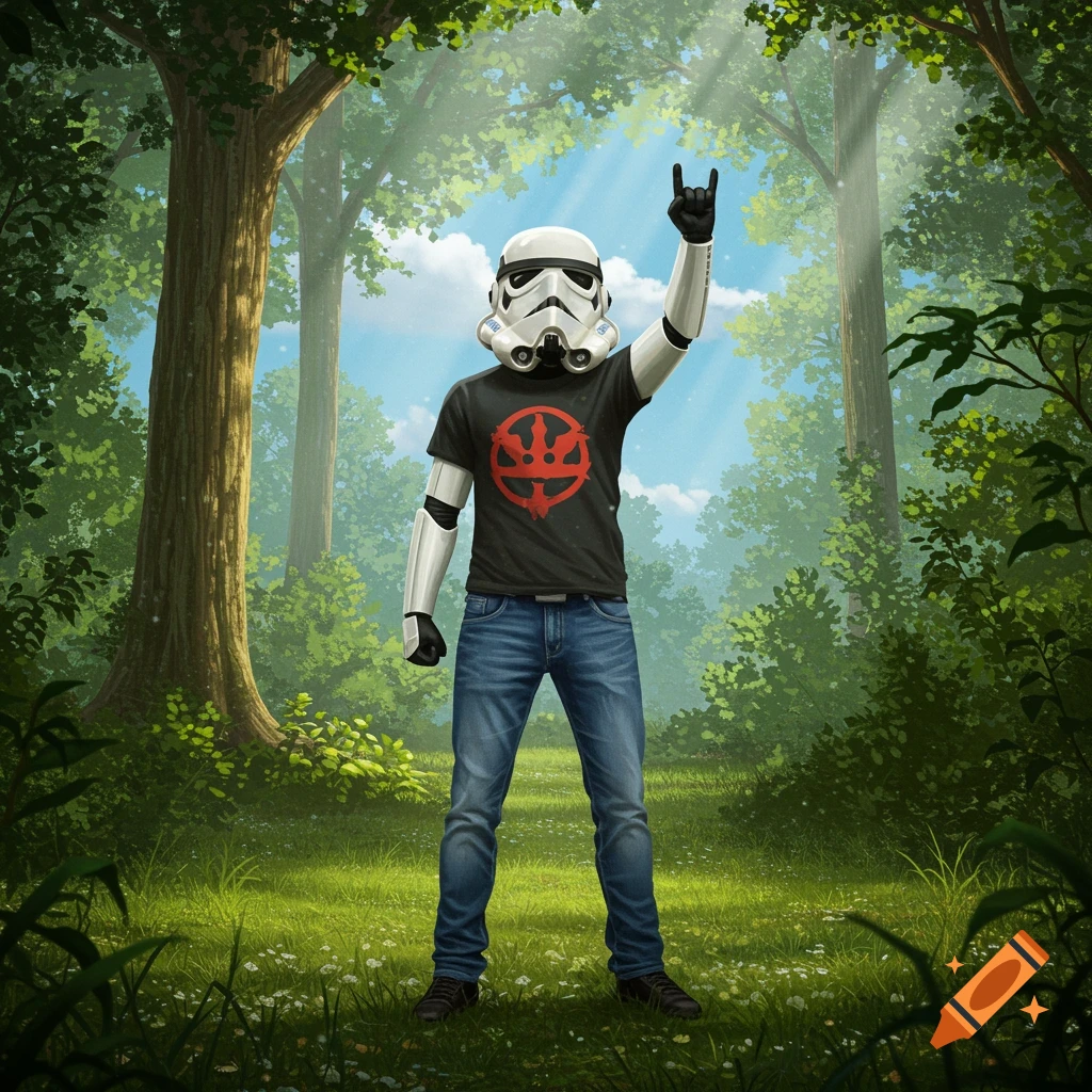 A Stormtrooper in a black t-shirt and jeans stands in a sunlit forest, making a rock-and-roll hand sign.