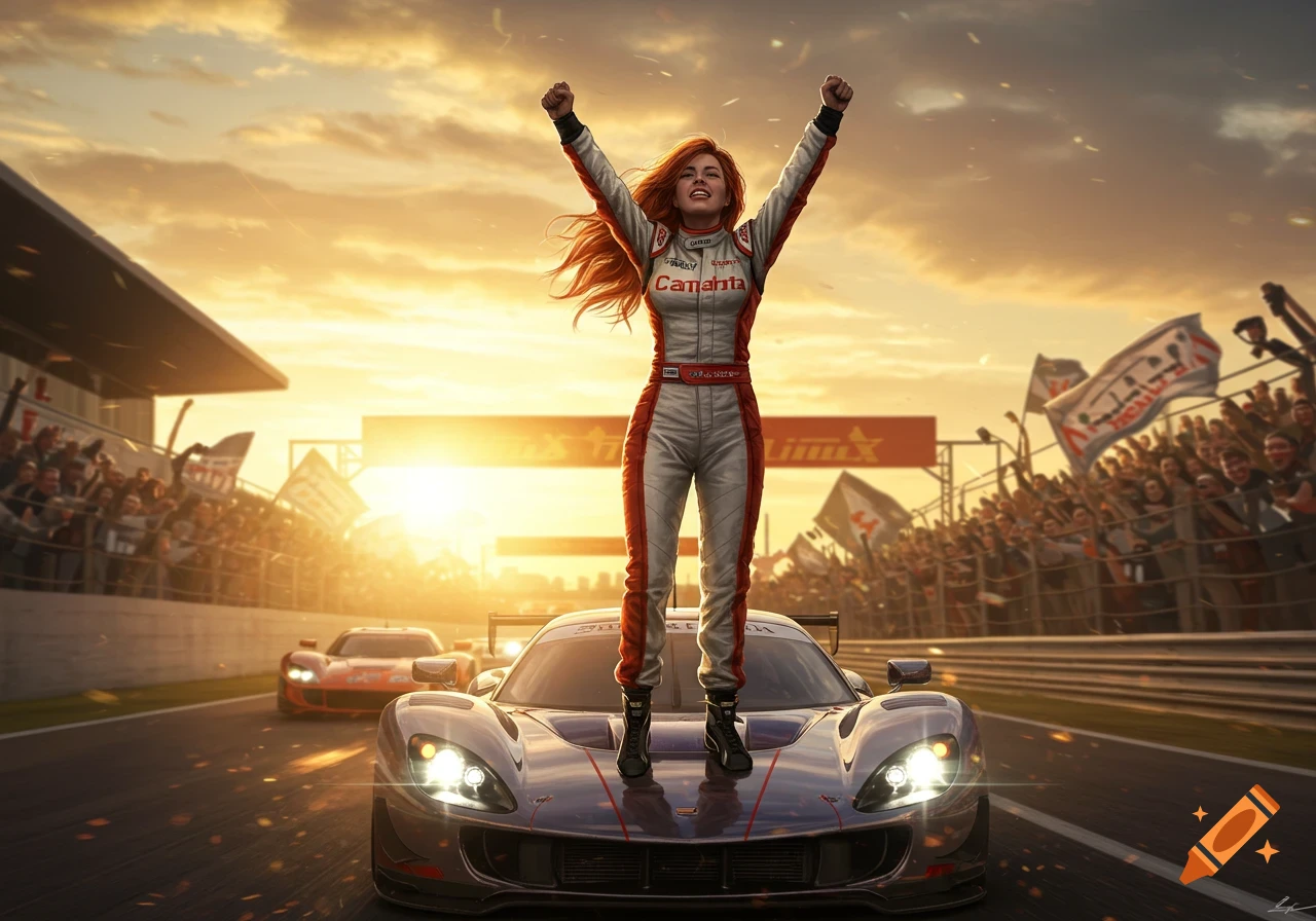 Red-haired race car driver stands on a race car with arms raised in victory at a track during sunset, with a crowd cheering.