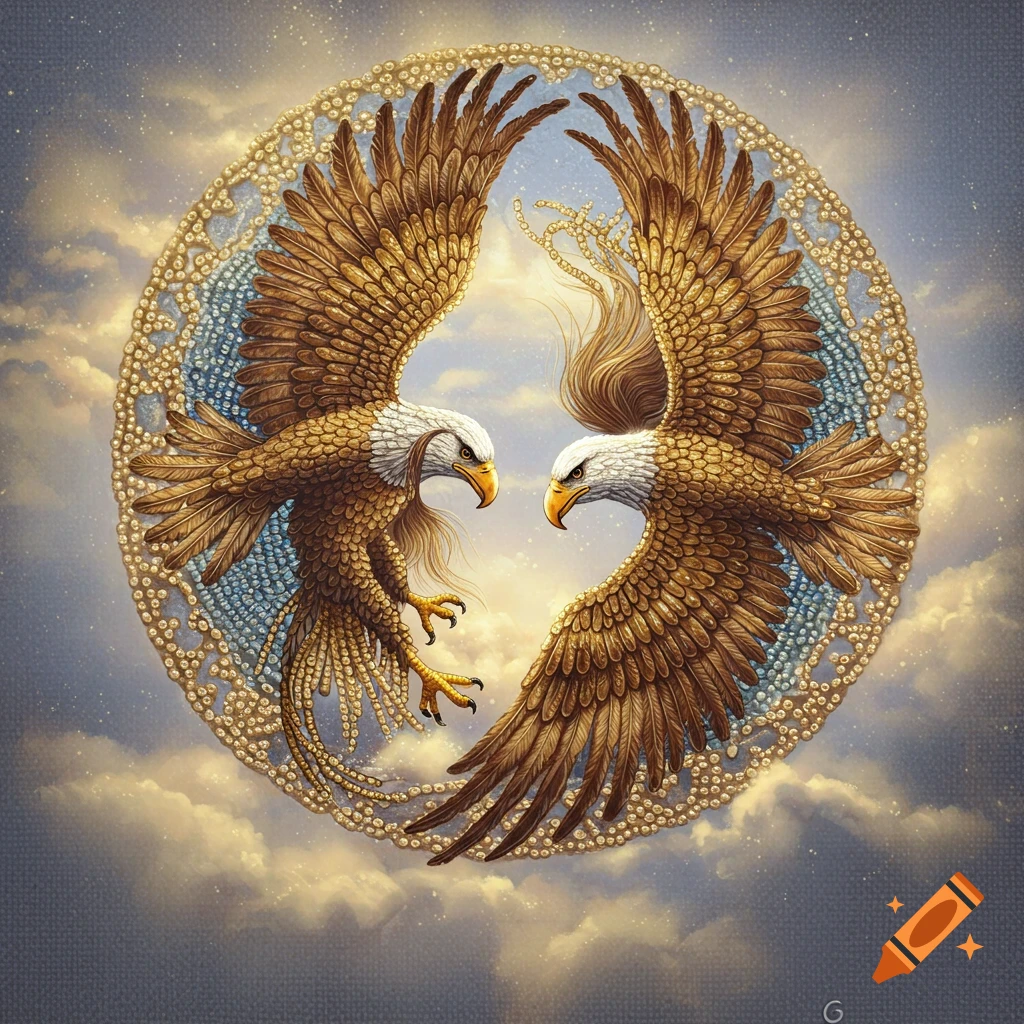 Two stylized eagles with golden-brown feathers and white heads face each other within a circular beaded medallion, set against a cloudy sky.