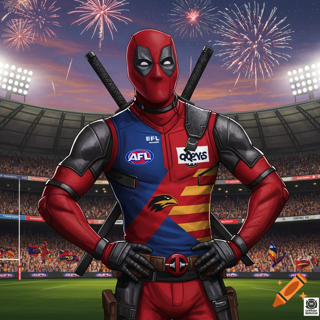 Deadpool in an Adelaide Crows football jersey, standing in a stadium with fireworks exploding overhead, in a comic book art style.