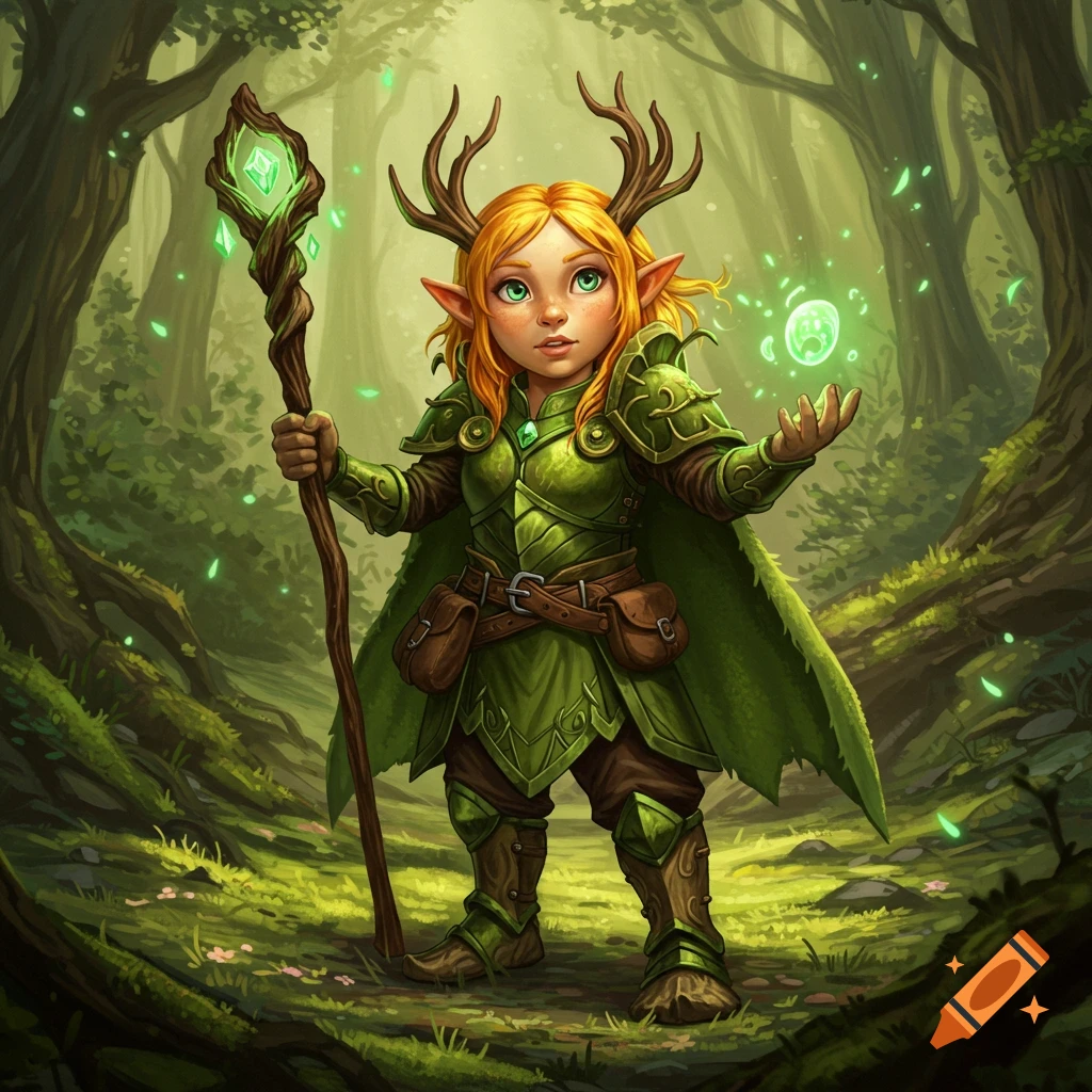 A female gnome druid with antlers and green armor stands in a vibrant forest, holding a staff and casting magic.