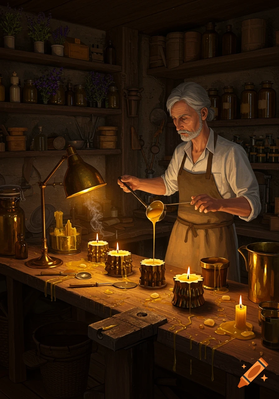 An old man with a beard making candles in a rustic, dimly lit workshop, pouring molten wax into molds.