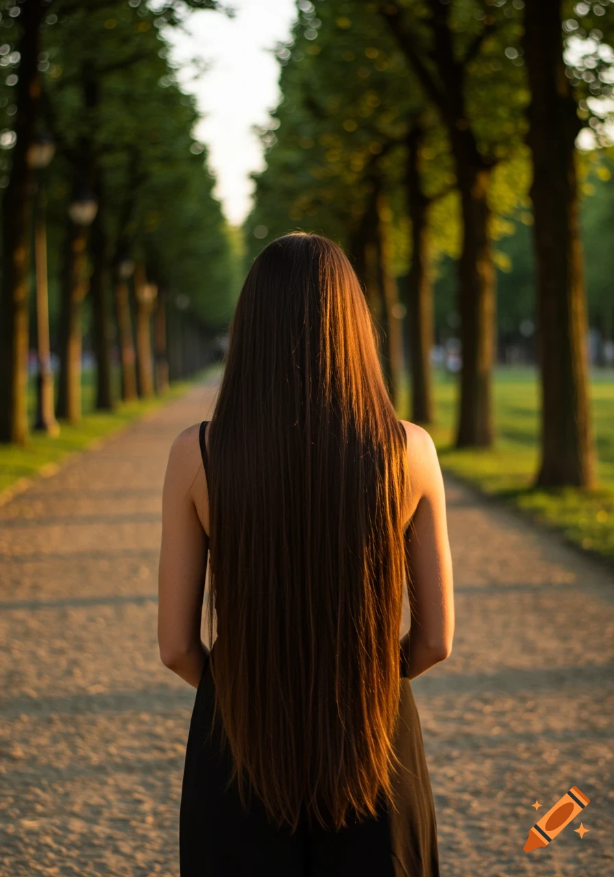 Woman with long dark hair walking away on a tree-lined path at golden hour.