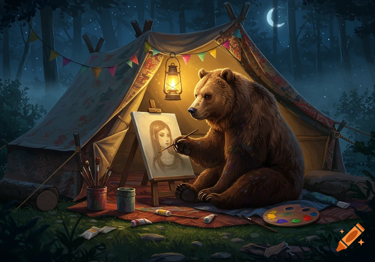 A bear painting a portrait of a girl inside a lit tent at night in a forest under a crescent moon.
