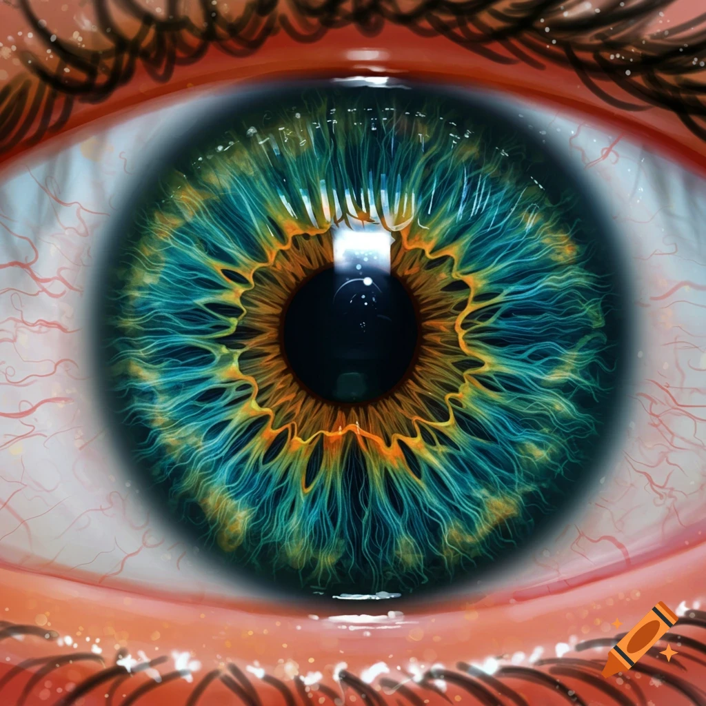 Detailed close-up of a human eye with a vibrant teal and orange iris, showing intricate patterns and blood vessels.