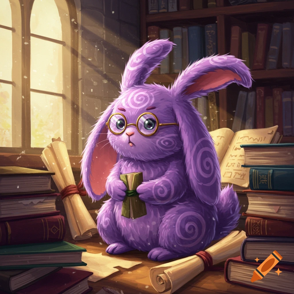 A cute, fuzzy purple rabbit wearing glasses sits among piles of books and scrolls in a sunlit library.