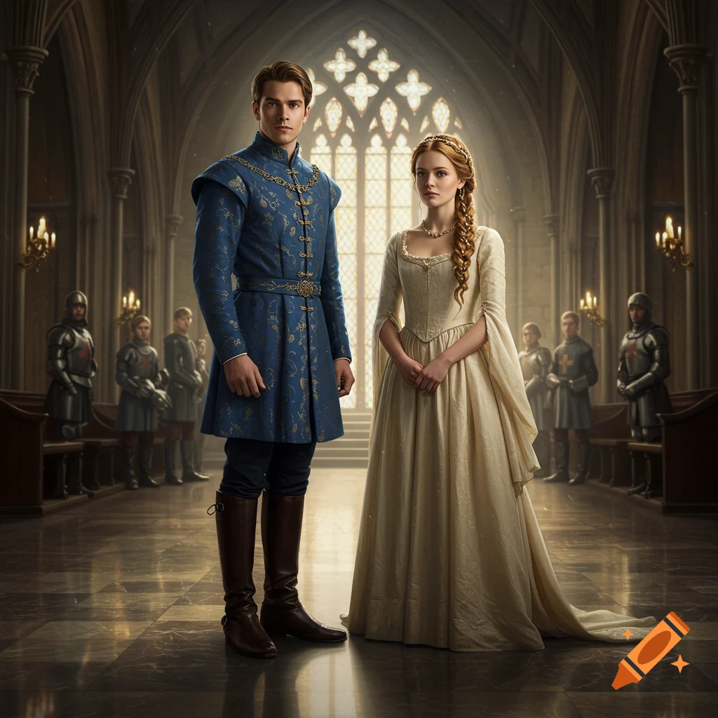 A photorealistic image of a young prince and princess standing in a grand royal hall, with armored knights in the background.