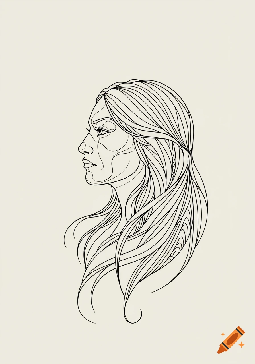 A minimalist, side-profile line art illustration of a woman with long, flowing hair.