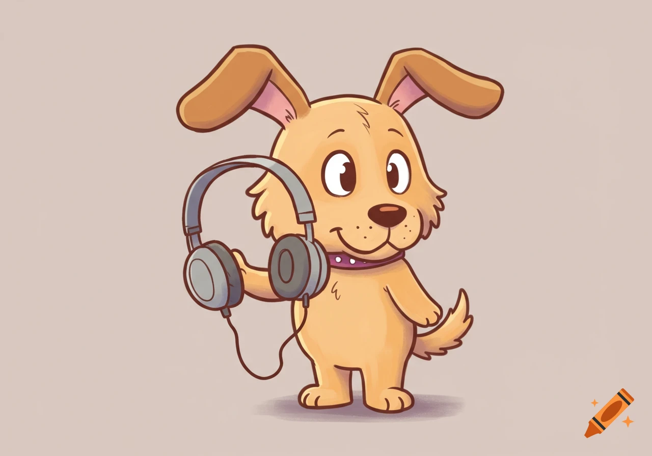 A friendly cartoon dog, light brown with long ears, stands holding a pair of gray headphones.