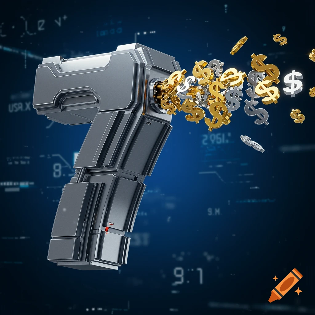 A futuristic metallic number 7 resembling a gun, shooting golden and silver dollar signs, against a blurry digital blue background.