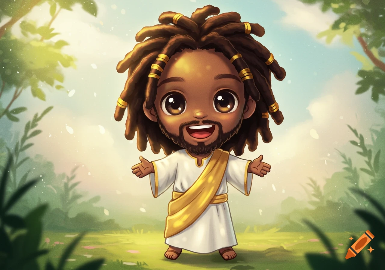 A cute chibi Black Jesus with dreadlocks and a beard, wearing a white robe and golden sash, stands with open arms in a lush, green, sunlit field.