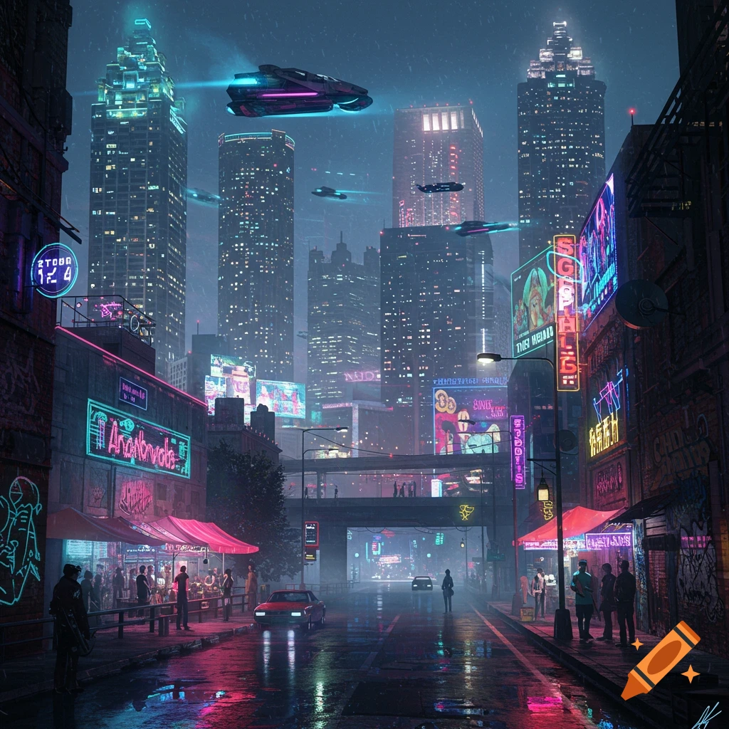 A rainy cyberpunk cityscape at night with neon signs, skyscrapers, flying vehicles, and people on the streets.