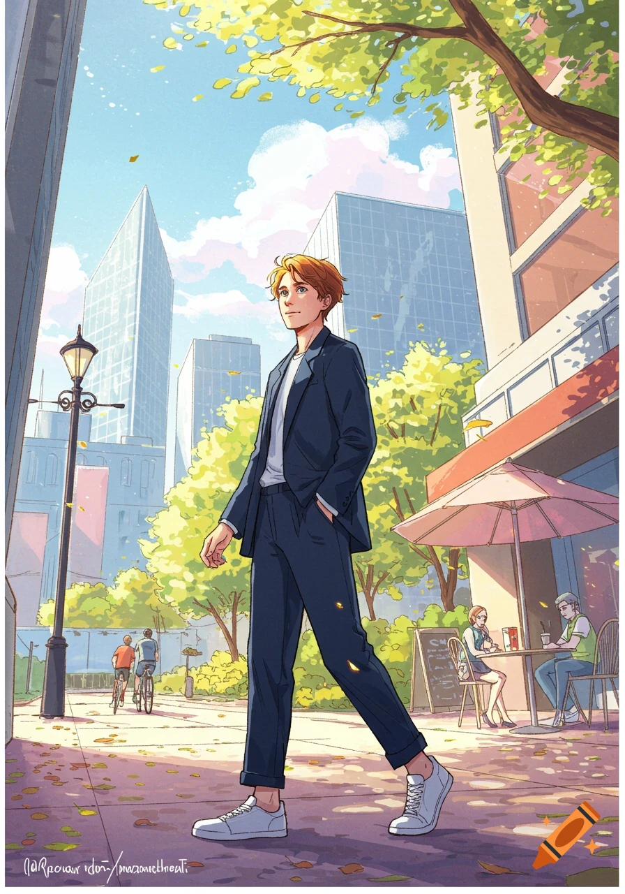 A young man walks down a sunny city street lined with trees and tall buildings, in an anime style.