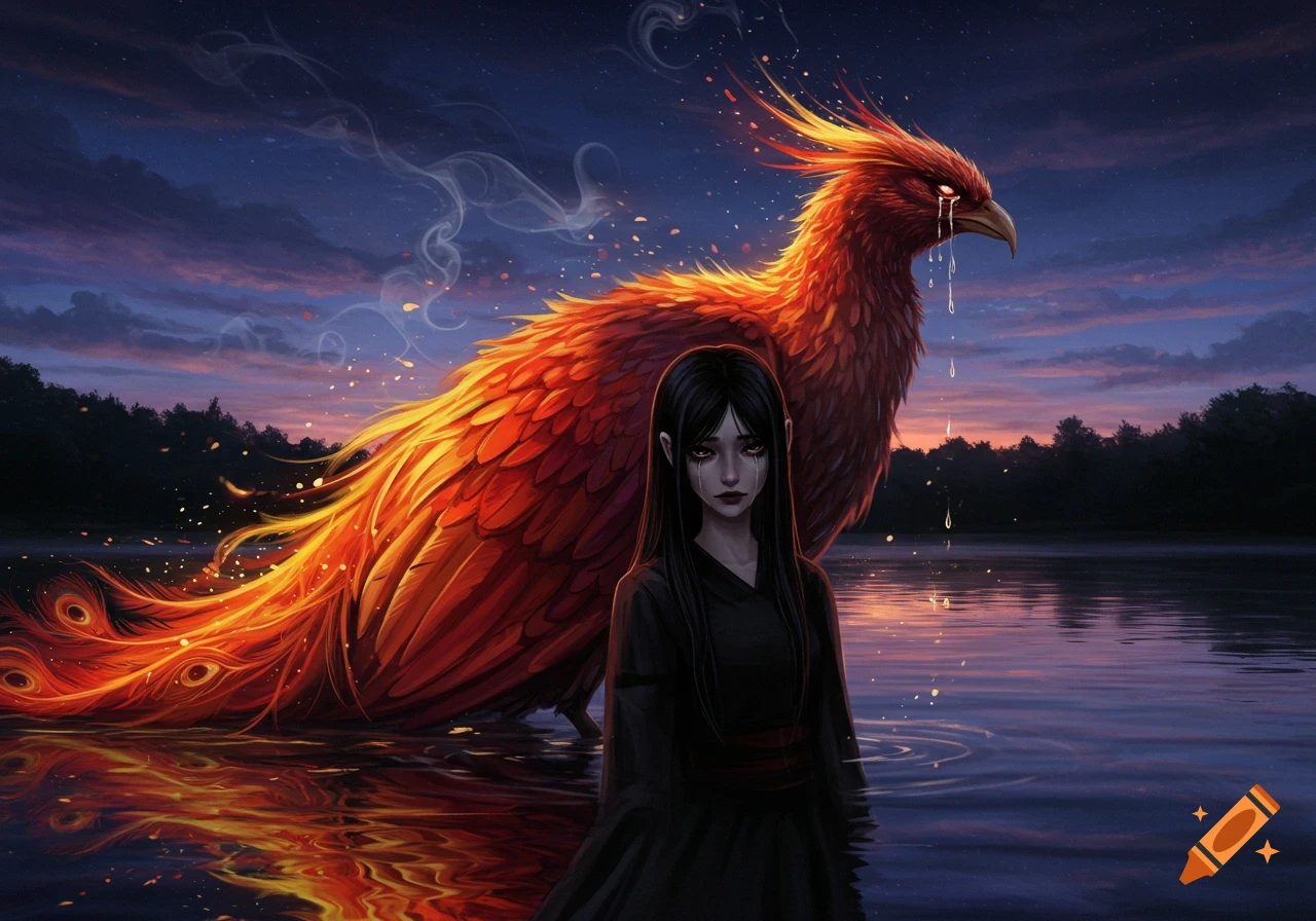 A melancholic girl in black stands in a lake next to a large crying phoenix under a dramatic sunset sky.