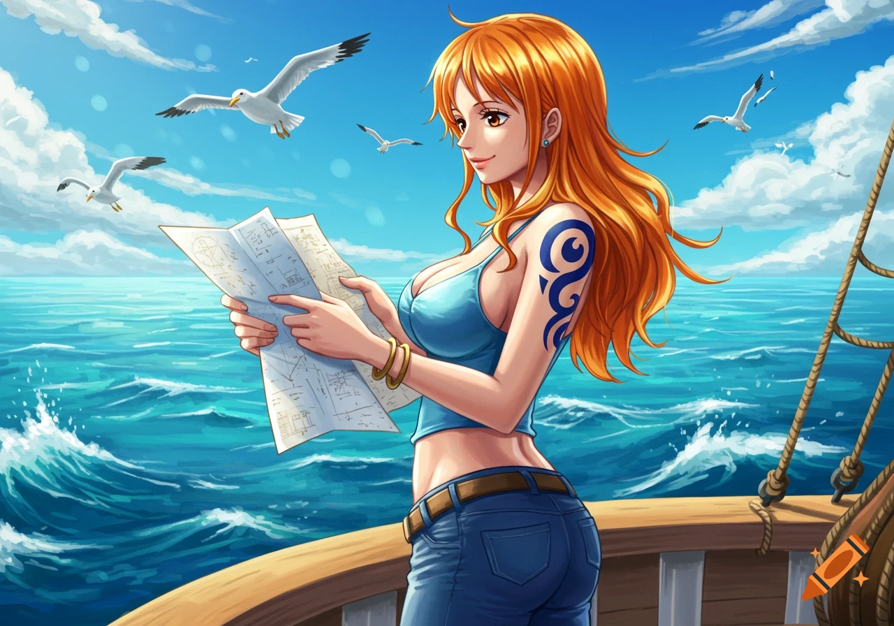 Anime style illustration of Nami from One Piece on a ship, looking at a map, with seagulls flying over the blue ocean.