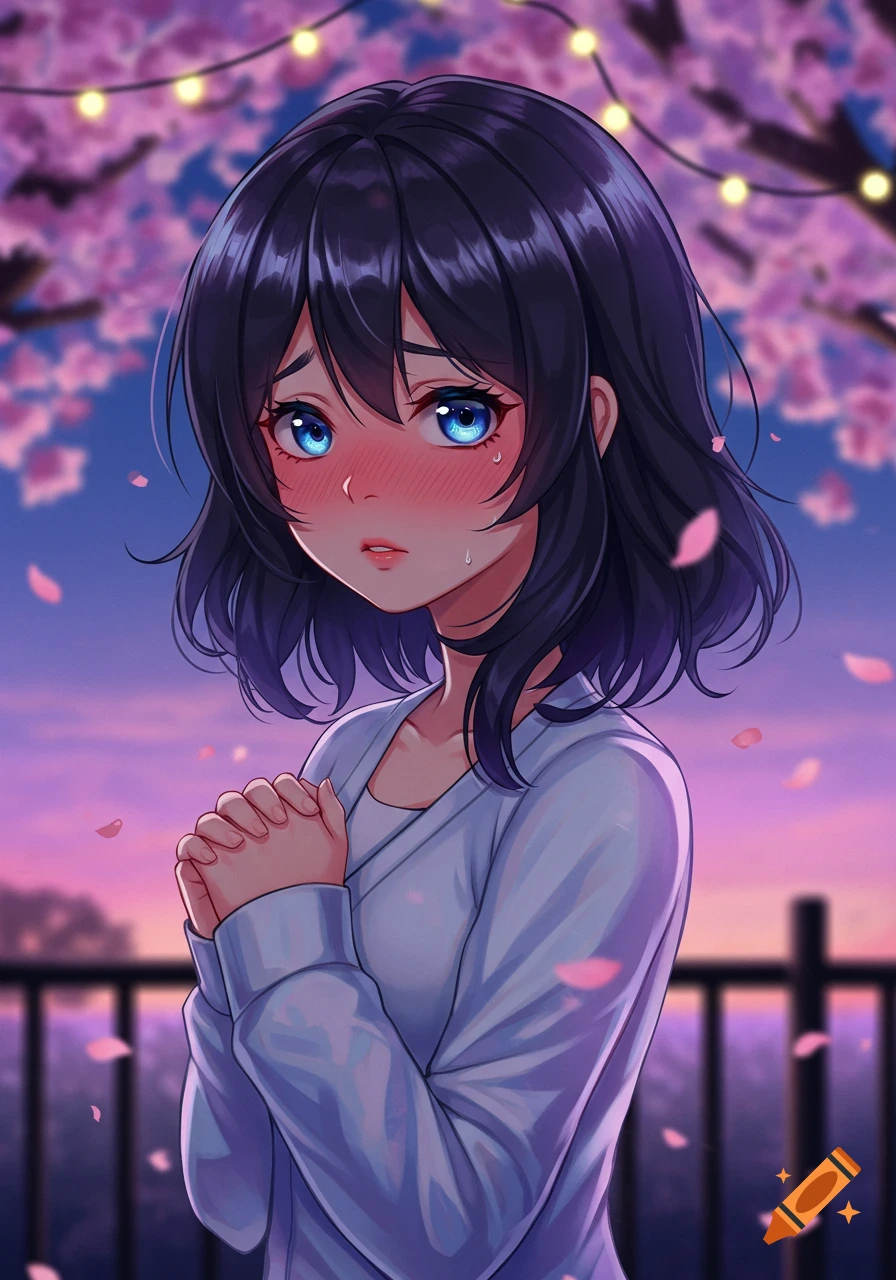 Anime girl with blue eyes and flushed cheeks, hands clasped, under cherry blossoms and string lights at dusk.