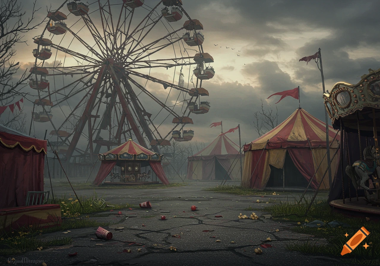 A dark, moody digital painting of an abandoned circus with a large Ferris wheel, tents, and a carousel under a cloudy sky.