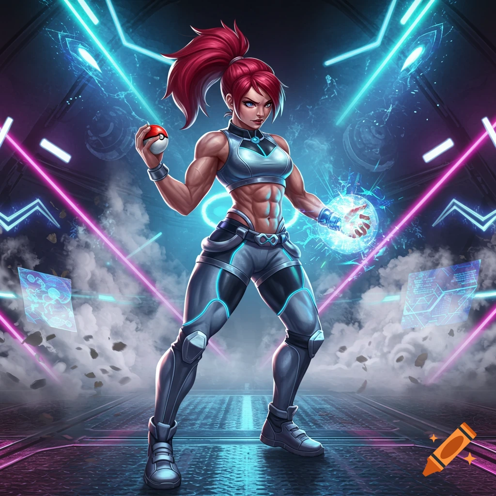 A muscular anime girl with red hair holds a Pokeball, standing in a futuristic, neon-lit room with energy crackling around her hand.