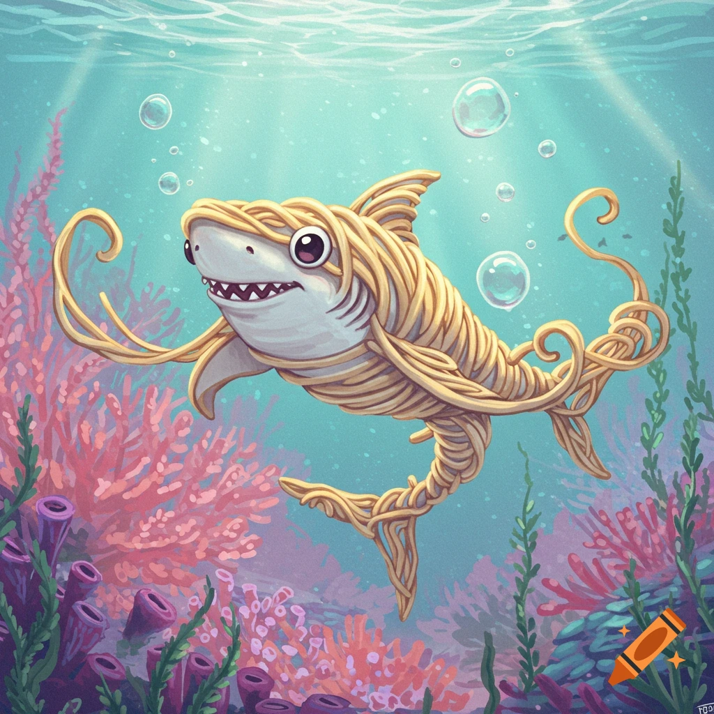 A cheerful cartoon shark made of golden noodles swims in a blue ocean with vibrant coral and seaweed, bubbles float nearby.