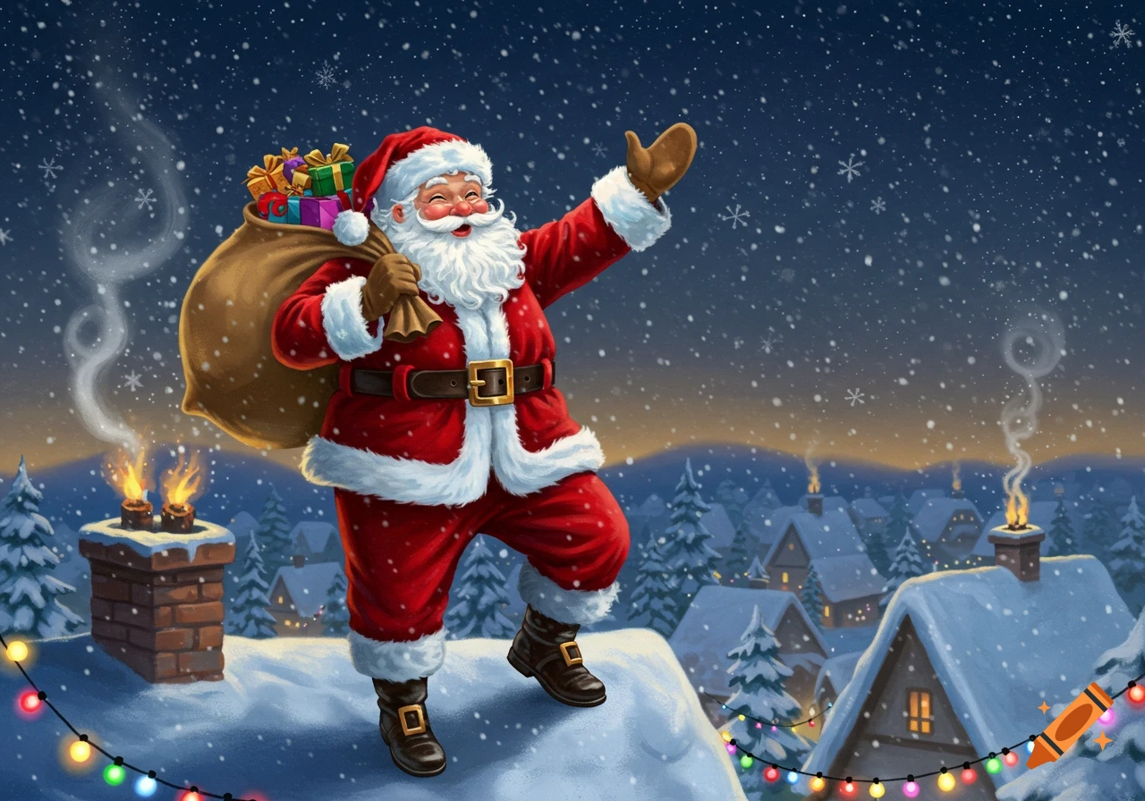 Jolly Santa Claus with a sack of gifts waves from a snowy rooftop over a twinkling village at night, with falling snow.