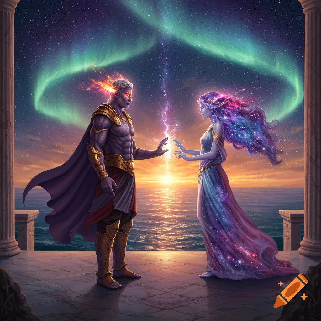 A male god with fiery hair and a female goddess with starry hair meet on a classical terrace overlooking a cosmic sunset and aurora borealis.