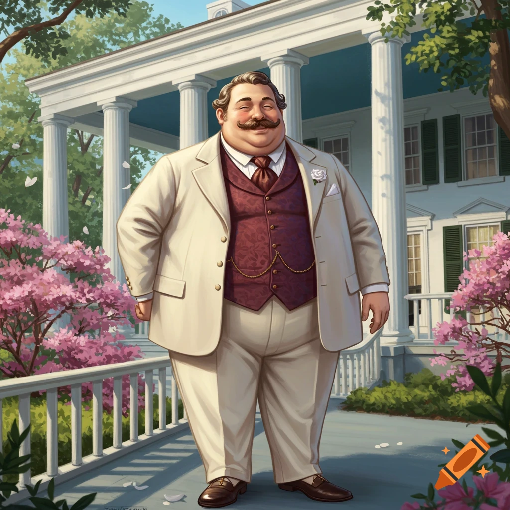 A smiling, plump man with a mustache in a cream suit and burgundy vest stands on a porch in front of a white mansion with pink azaleas, in an illustrative style.