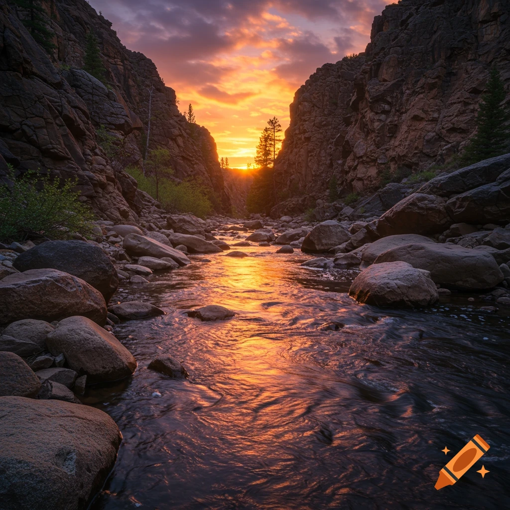 A river flows through a rocky canyon, reflecting the vibrant orange and yellow light of a sunset sky.