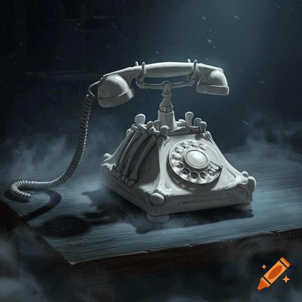 A creepy old rotary phone made of skeletal bones sits on a dark, smoky table in a spooky illustration.