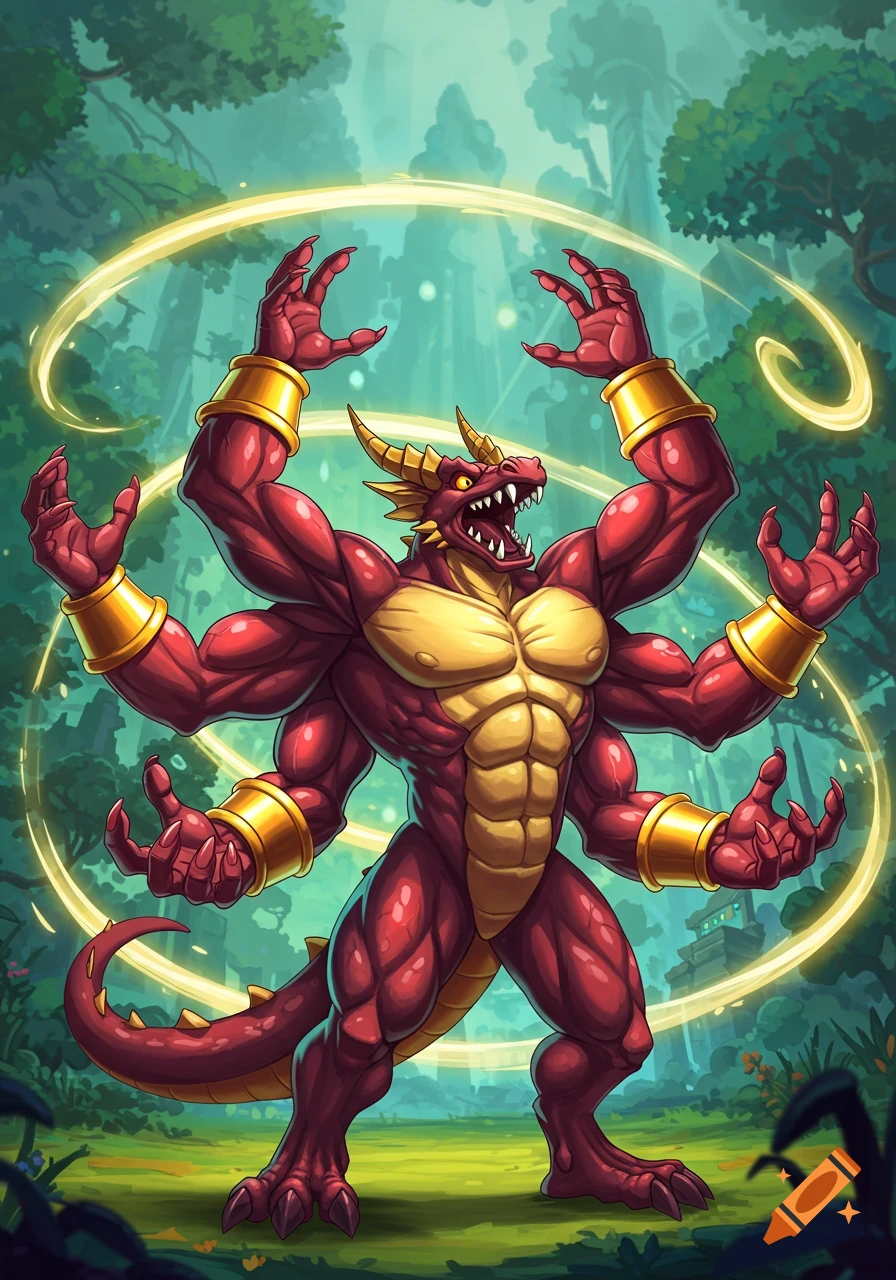 A muscular, red, six-armed dragon-like creature stands with its arms raised and spread in a vibrant jungle setting, in a cartoon art style.