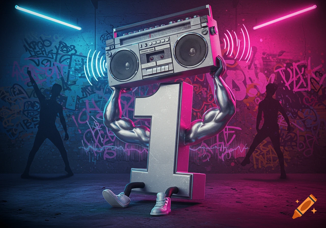 A silver 3D number 1 with muscular arms and legs lifts a boombox over its head in a graffiti-covered room with neon lights.
