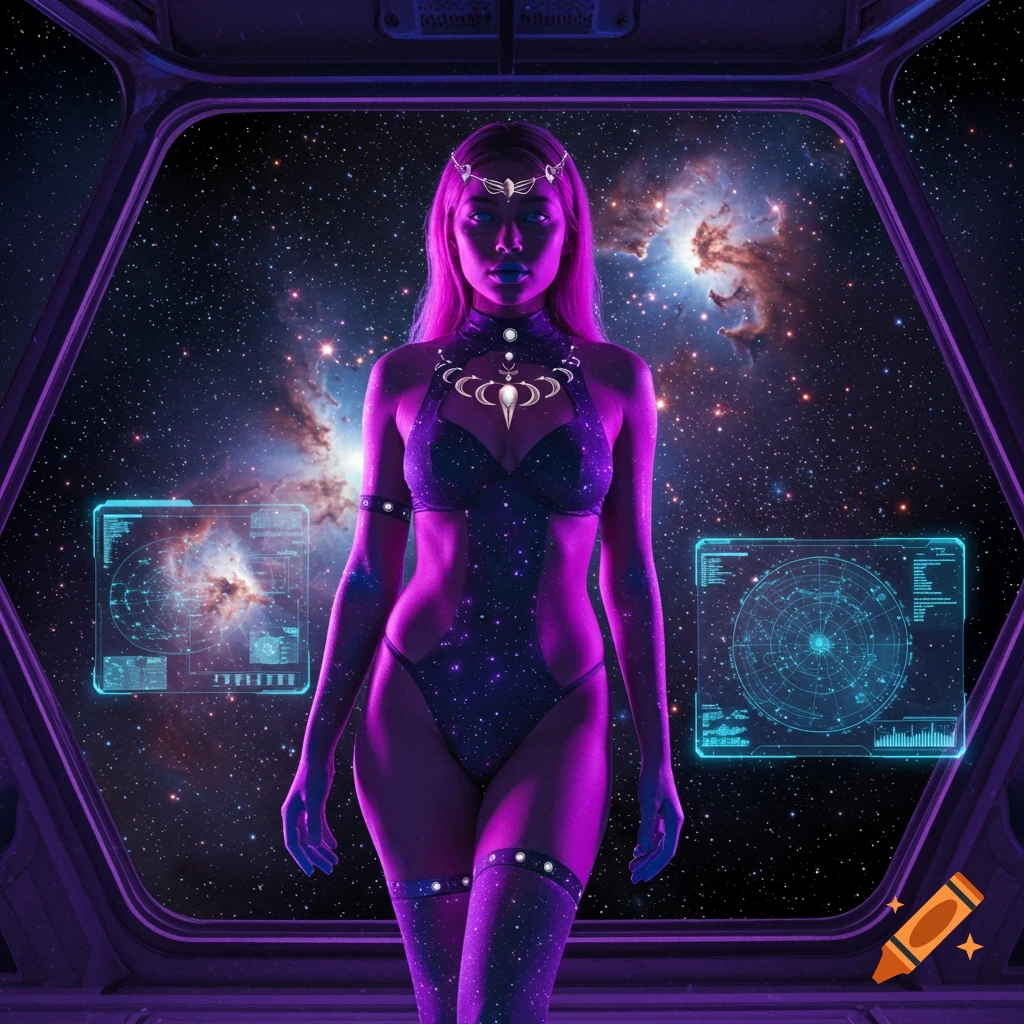 A cosmic woman in a skin-tight, star-patterned bodysuit and headpiece stands in a spaceship looking out at a nebula and stars.