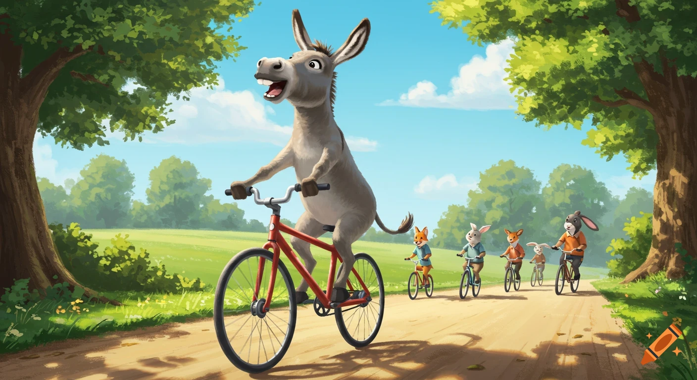 A cartoon donkey on a red bike leads a group of other animals on bikes down a sunny, tree-lined dirt road.