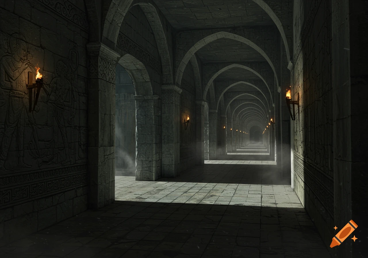 Long, dark, arched stone hallway with torches illuminating carved walls and dusty air.