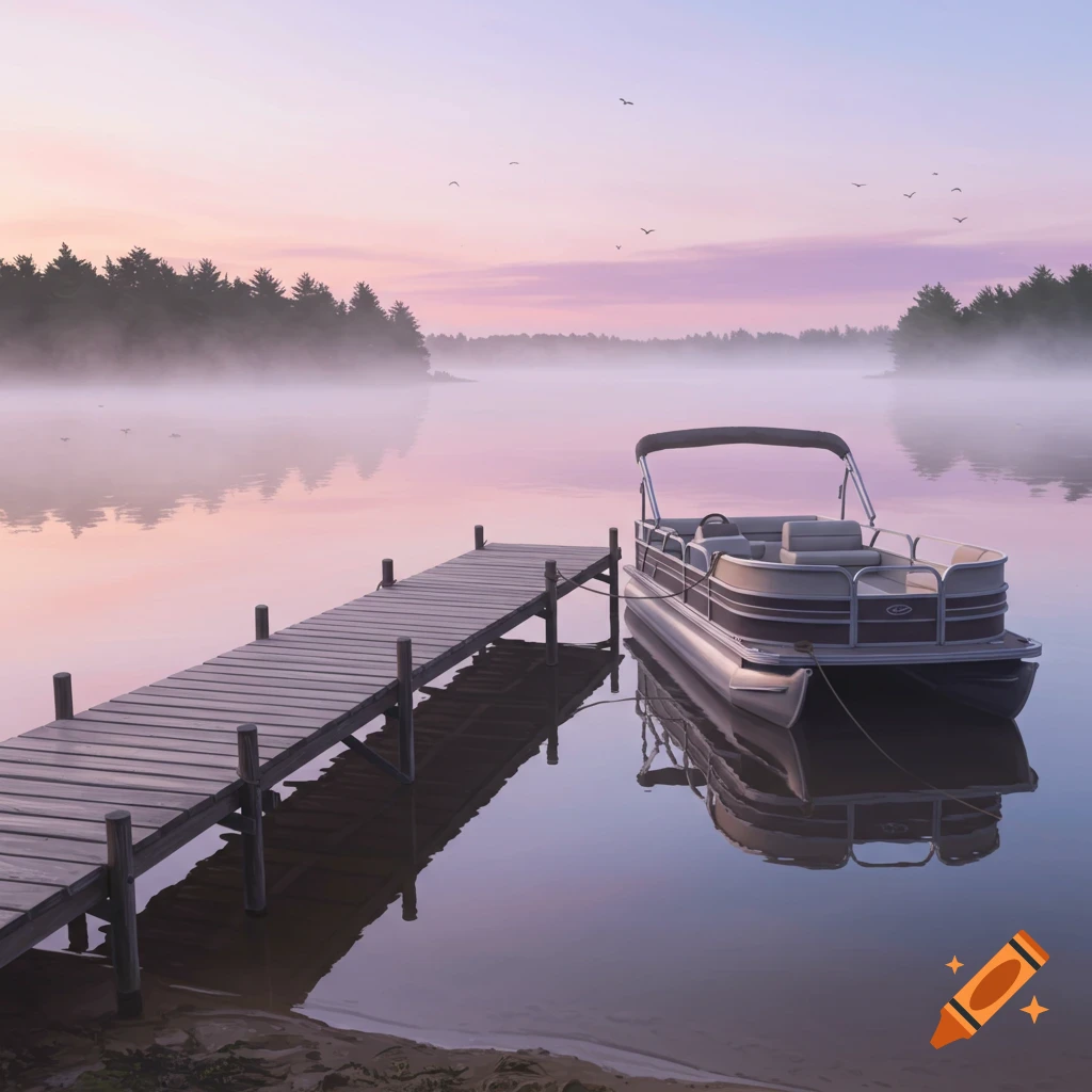 A photorealistic pontoon boat tied to a wooden dock on a foggy lake at dawn with a soft pink and purple sky.