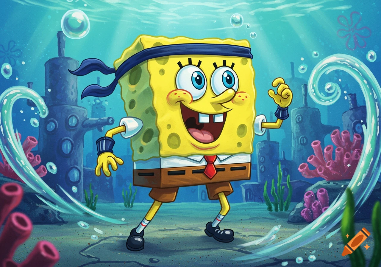 Spongebob Squarepants wearing a blue headband, striking a pose underwater amidst coral and buildings.