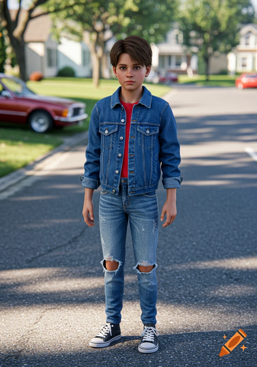 A boy in a denim jacket, red shirt, ripped jeans, and high-top sneakers stands on a suburban street.