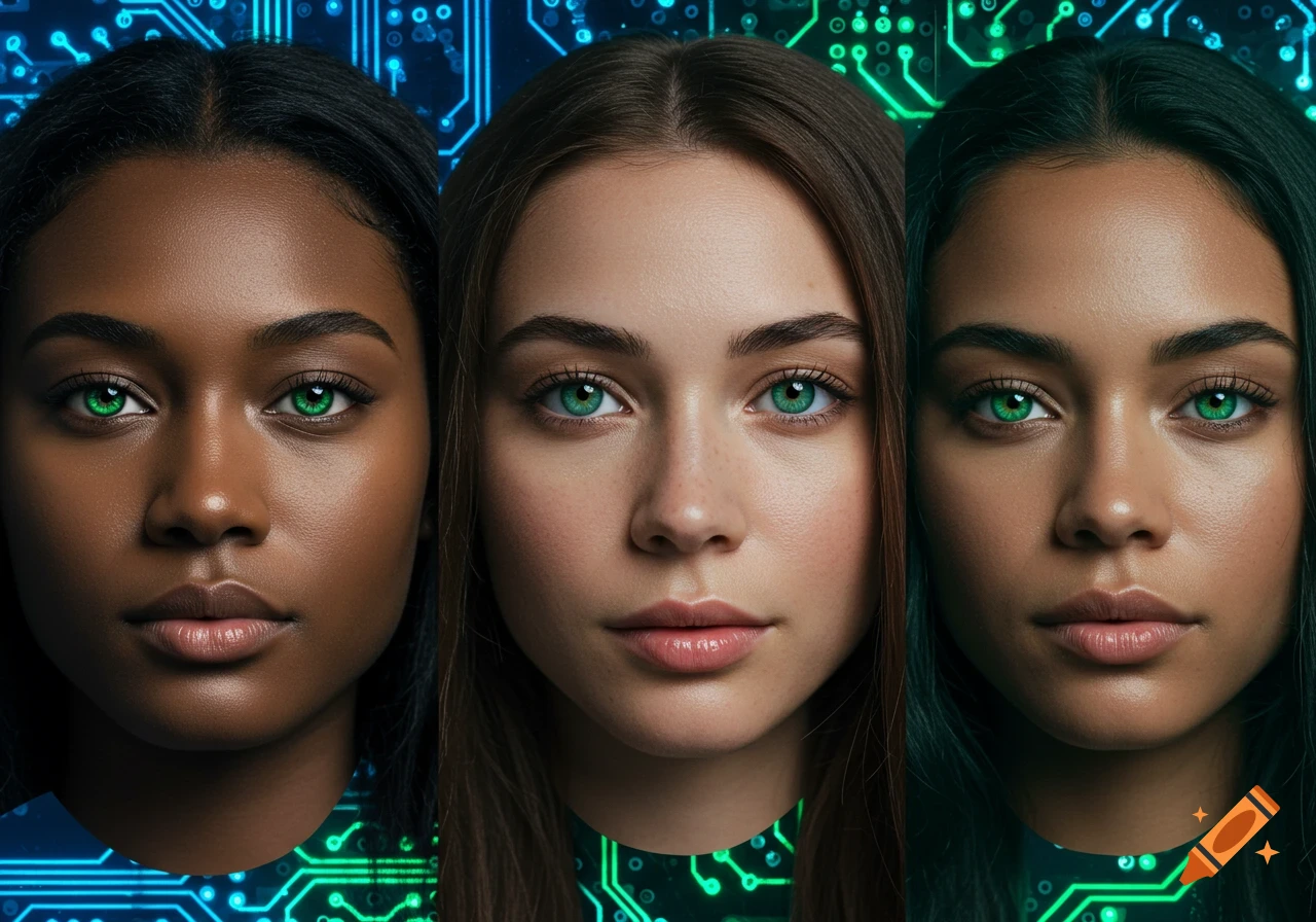 Photorealistic close-up of three women with diverse skin tones and bright green eyes against a luminous circuit board background.