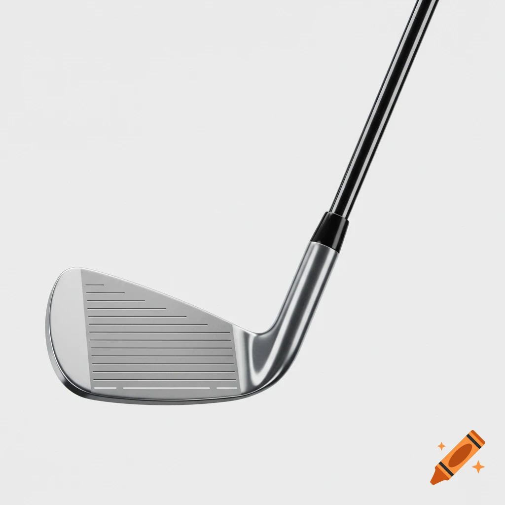 A close-up, photorealistic image of a golf iron club head and shaft against a white background.