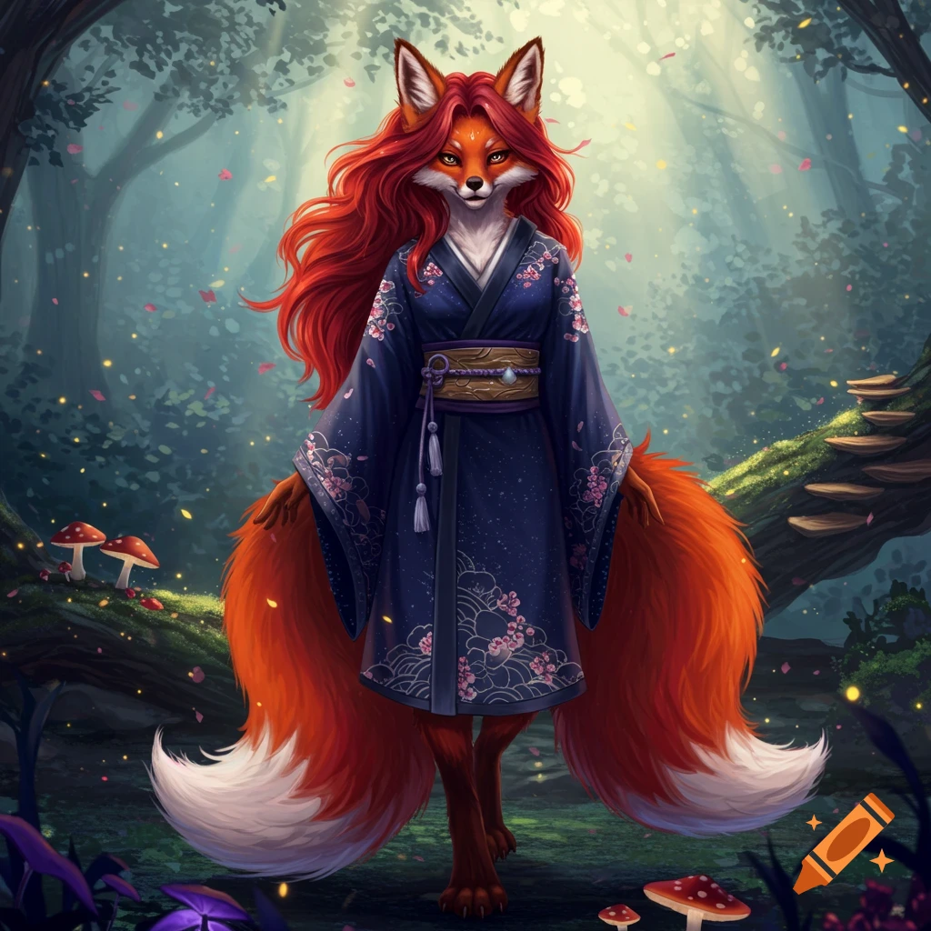 A red-furred anthropomorphic fox girl in a blue floral kimono stands in a magical forest with glowing particles and mushrooms, in a digital art style.