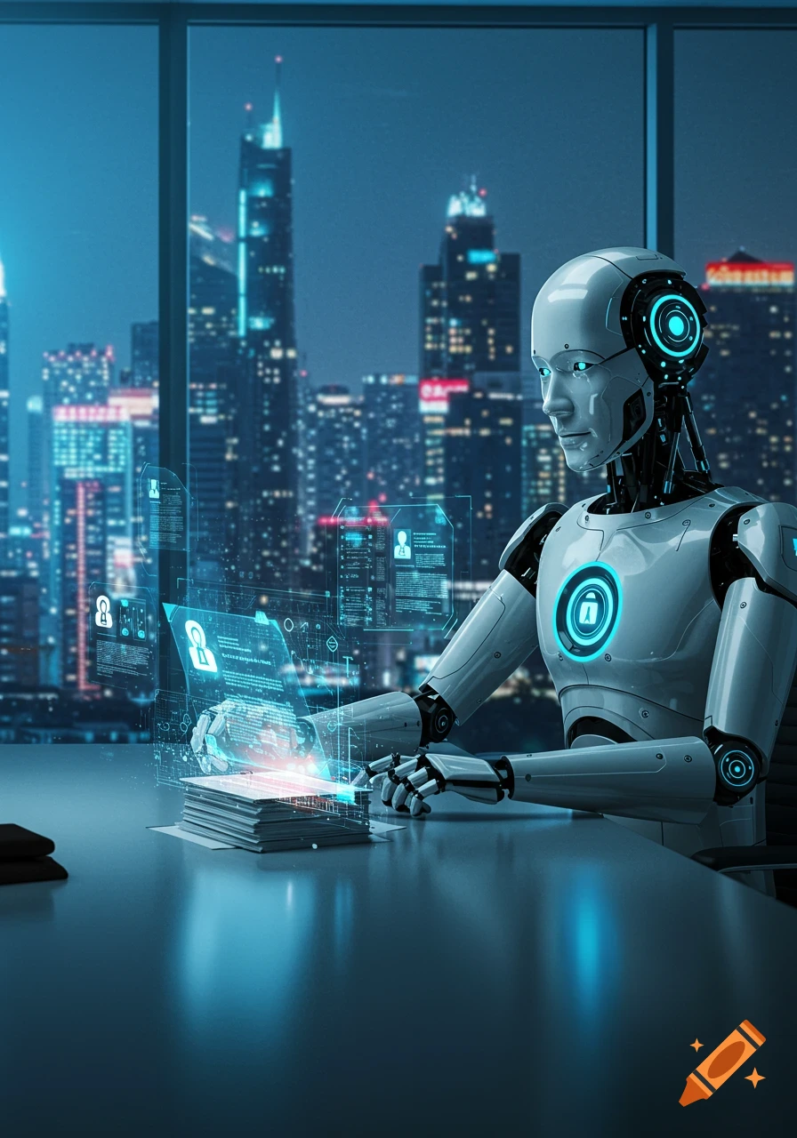 Photorealistic robot interacts with holographic data screens in a futuristic office overlooking a city skyline at night.