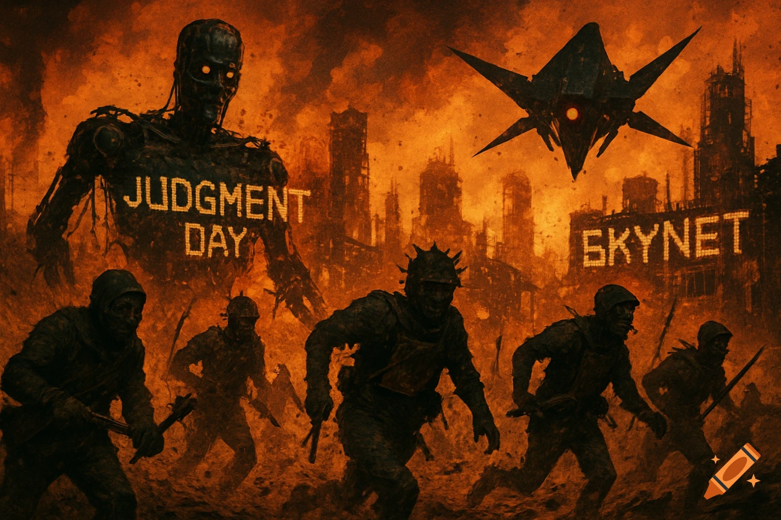 Dystopian post-apocalyptic scene with human resistance fighting towering robots and drones in a ruined city under an orange sky. Text 'JUDGMENT DAY' and 'SKYNET' are visible.